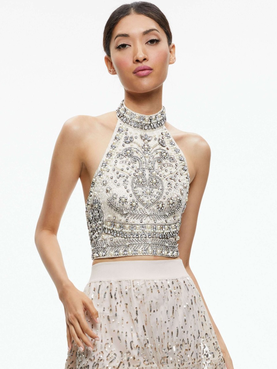 Tops * | Gatz Embellished High Neck Top Alice And Olivia Sale Online