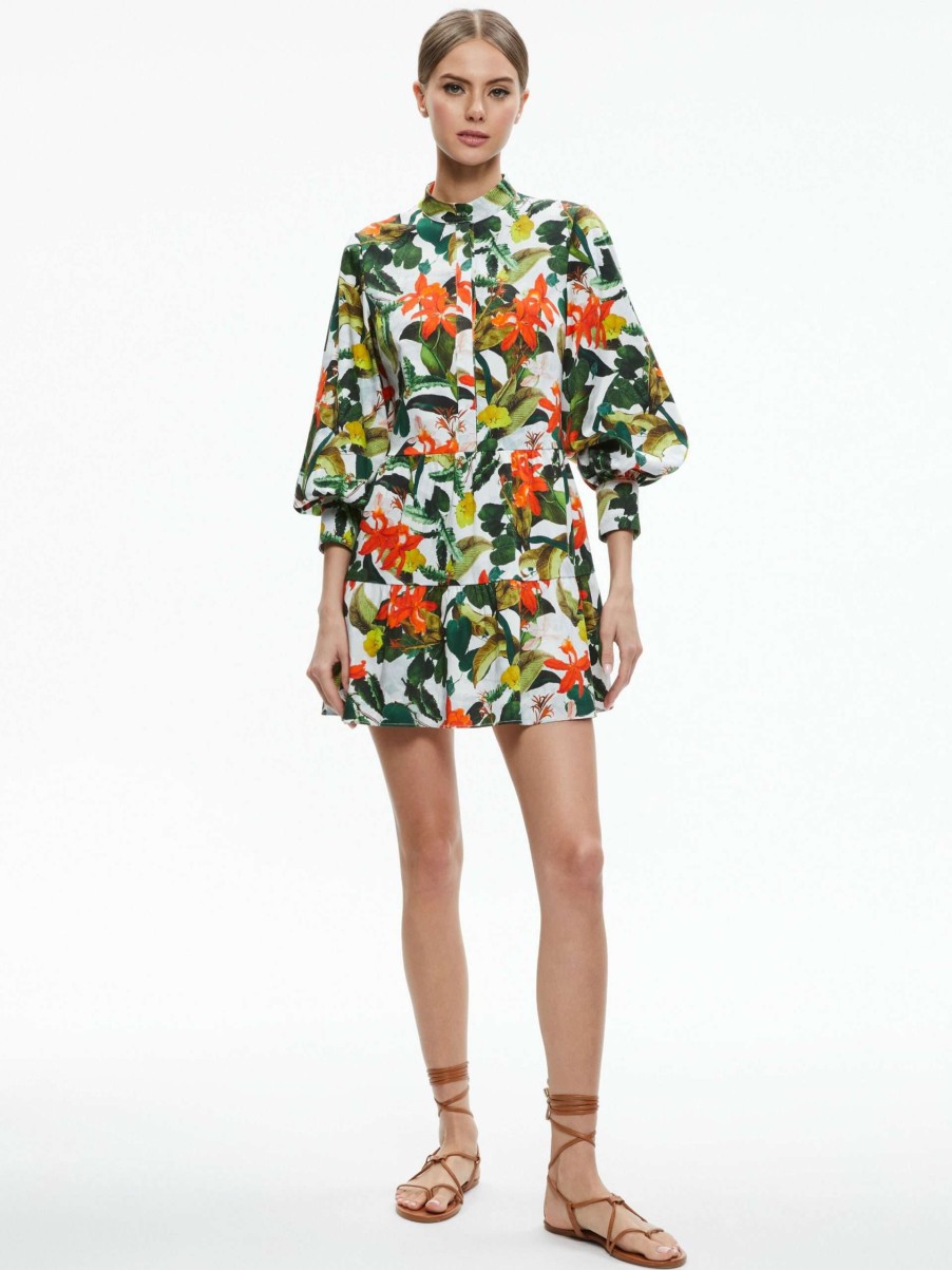 Dresses * | Cailin Button Front Blouson Sleeve Mini Dress Alice And Olivia Less Expensive