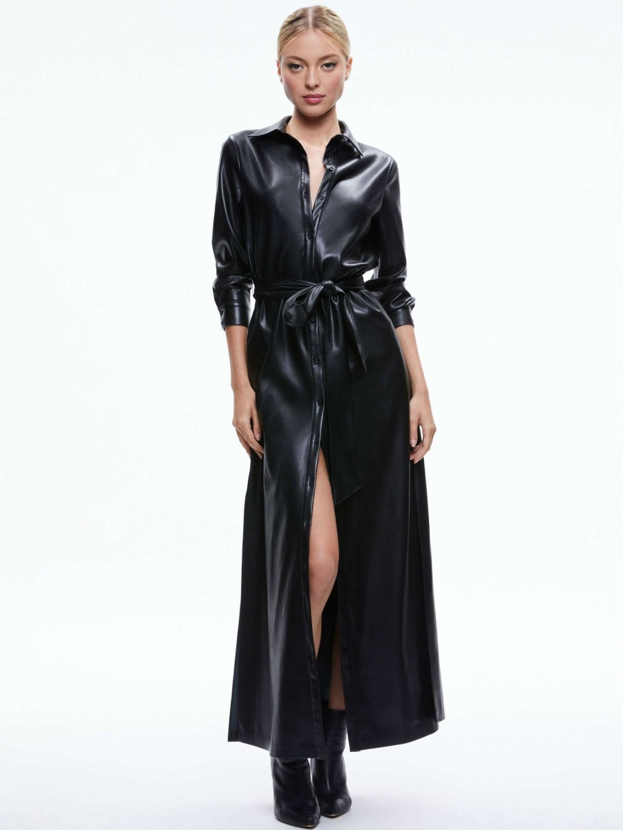 Dresses * | Chassidy Vegan Leather Maxi Shirt Dress Alice And Olivia Sale Online