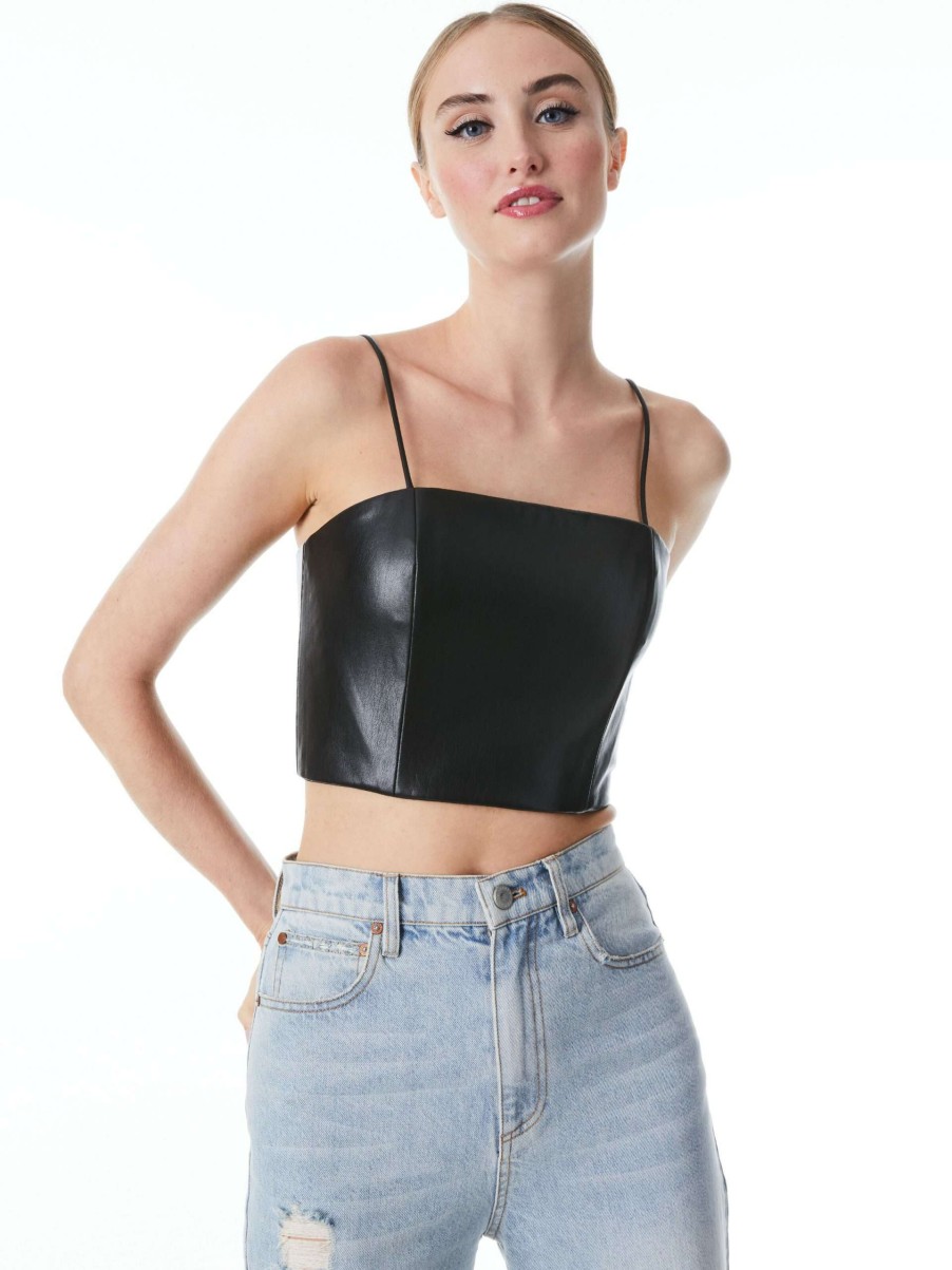 Tops * | Pearle Vegan Leather Spaghetti Strap Bustier Alice And Olivia Best-Selling