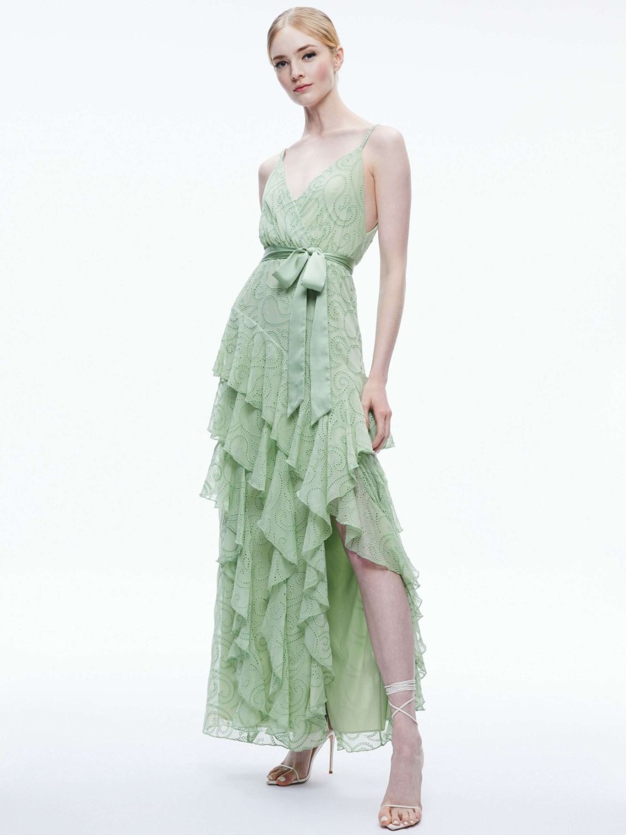 Dresses * | Emelia V-Neck Eyelet Ruffle Maxi Dress Alice And Olivia Less Expensive