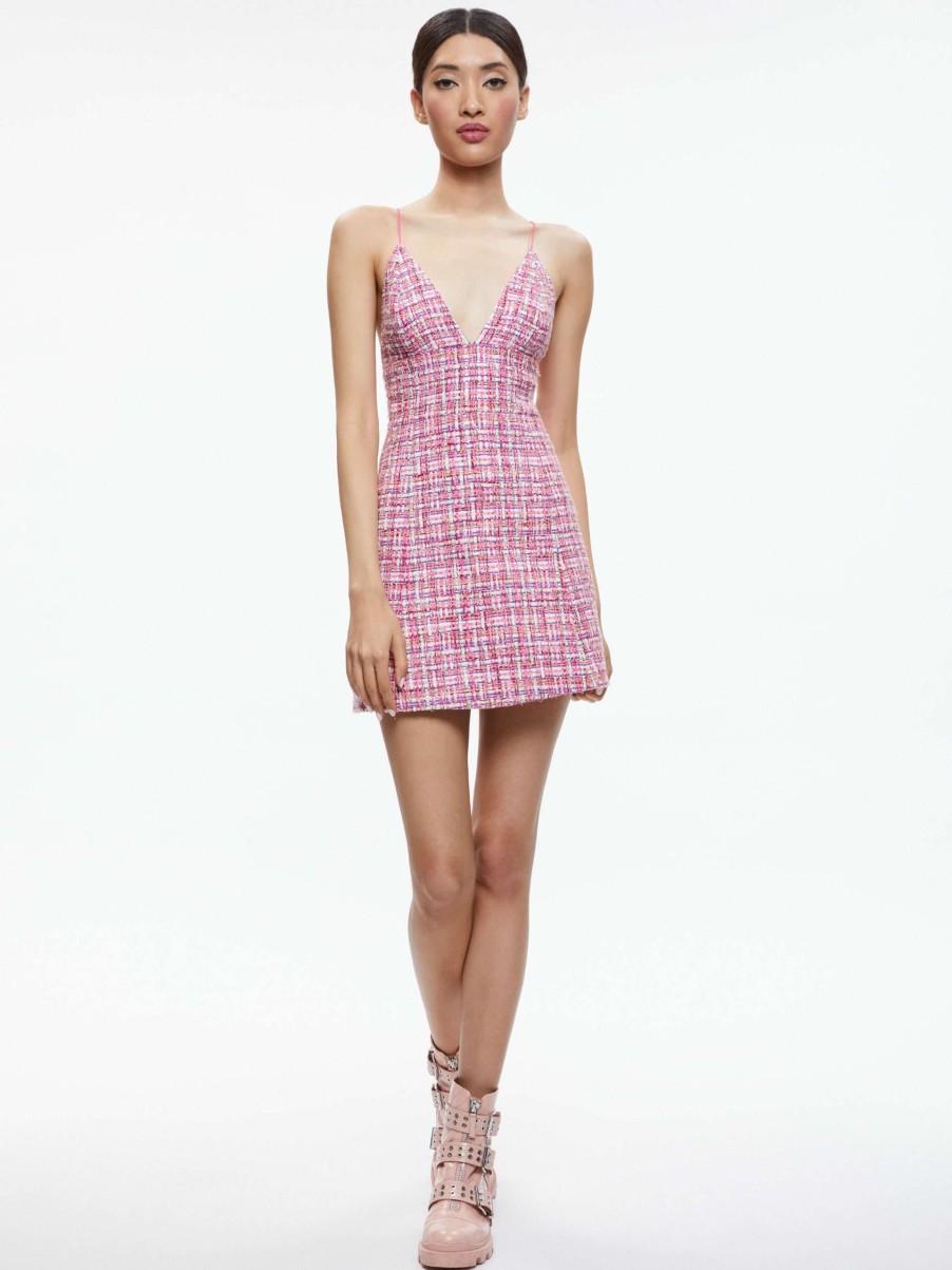 Dresses * | Carli Spaghetti Strap Tweed Mini Dress Alice And Olivia Less Expensive